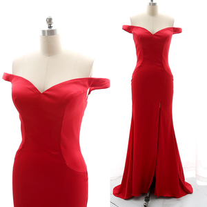 简约优雅大红色一字肩开叉修身晚礼服婚礼主持摄影年会tb000329