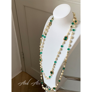And Acc宝石绿拼接玻璃珍珠设计感小众金属长款项链气质毛衣链女