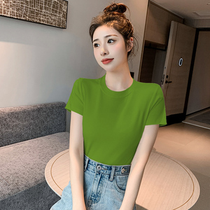 果绿色短袖t恤女半高领纯棉别致上衣甜美女装设计感小众修身半袖