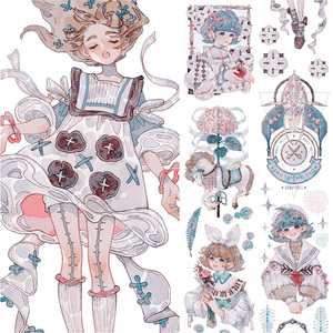 新七天x黄皮桑 手账手帐素材和纸胶带贴纸人物花间小憩长循环特油