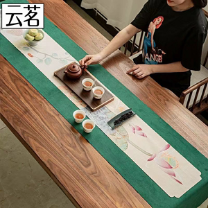 鹿皮绒防水茶席桌旗新中式简约桌布彩绘中国风棉麻布艺茶具配件