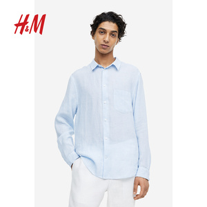 HM男装衬衫夏季时尚休闲亚麻衬衫长袖条纹衬衣1127523