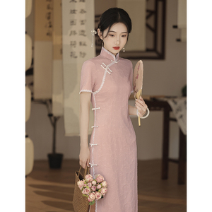 粉色新中式改良旗袍新款2024少女夏季年轻款中国风连衣裙日常学生