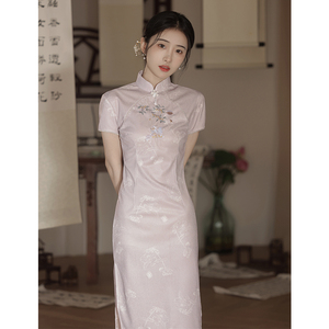 紫色新中式旗袍新款2024改良版少女气质高端刺绣年轻款连衣裙夏季
