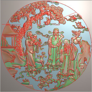 圆形山水福禄寿人物门板神话传说说风景精雕图浮雕灰度电脑雕刻图