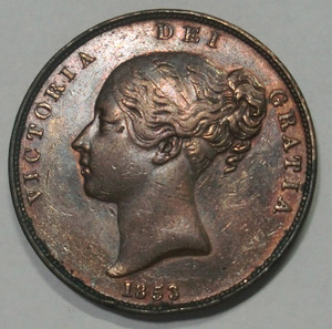 英国1853年1便士 维多利亚女王 大个铜币 34mm