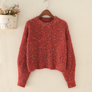 慵懒风粗线彩点毛衣女长袖宽松冬季外套头彩色毛线针织衫短款上衣