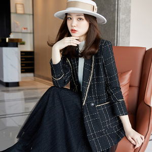 格子西装外套女春秋时尚英伦风中长款长袖西服洋气休闲穿搭女上衣