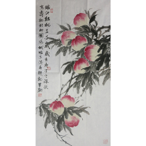 竖幅国画寿桃写意花鸟画 手绘客厅办公室名家真迹作品原稿祝寿图