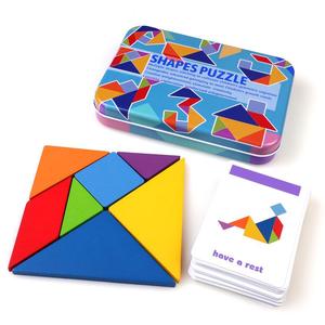 小学课本专用七巧板木制彩色铁盒收纳拼图拼板益智早教智力玩具