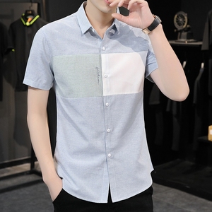 拼色短袖衬衫男士夏季新款修身有型半袖衬衣青年拼接款程序员寸衫