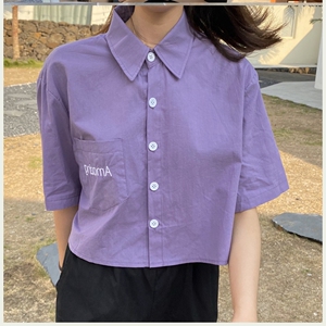 淡紫色衬衫女夏季2020年新款韩版后背开叉字母短袖衬衣香芋紫上衣