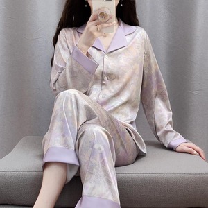 【顺丰包邮】新中式紫色睡衣女士春秋夏季长袖丝绸家居服国风冰丝
