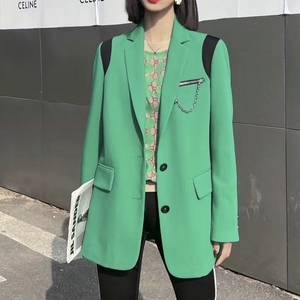 韩国东大门2022春装链条口袋拼色宽松版西装绿色外套女中长款上衣