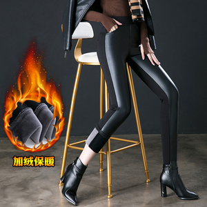 皮裤女2023秋冬新款加绒加厚女士前皮后布亚光紧身pu拼接皮裤小脚