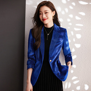 高级感金丝绒亮片蓝色西装外套女秋季2022新款气质休闲小西服上衣