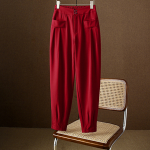 酒红色西装面料裤子女夏季薄款垂感冰丝哈伦裤高腰显瘦九分萝卜裤