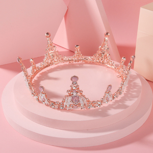 粉色皇冠头饰儿童生日公主女童王冠可爱圆形小女孩水晶礼服发饰仙