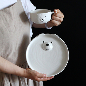 韩国网红可爱熊早餐盘咖啡燕麦酸奶杯ins家用菜盘一人食饭盘套装