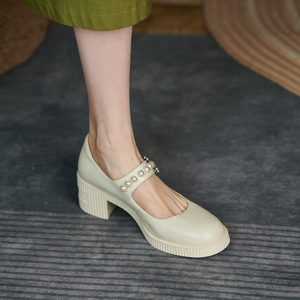 仙女风~法式复古玛丽珍单鞋女珍珠一字扣带圆头小皮鞋粗高跟羊皮