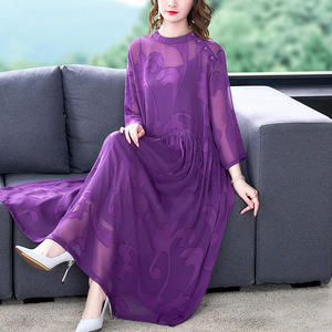 贵夫人阔太太夏装紫色真丝桑蚕丝连衣裙高端洋气奢华大牌显瘦套装