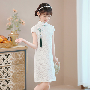 中国风改良女童旗袍夏季儿童白色蕾丝连衣裙大童古筝演出礼服洋气