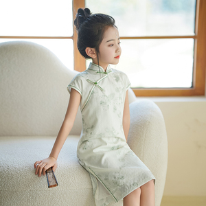 绿色女童旗袍夏季薄款清新中国风连衣裙小女孩走秀古筝演出服日常