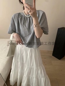 韩国代购甜美气质灰蓝色竖条纹圆领套头短袖衬衫白色松紧腰蛋糕裙