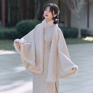 冬季旗袍披肩2022复古民国风仿獭兔毛斗篷外套保暖加厚毛呢少女