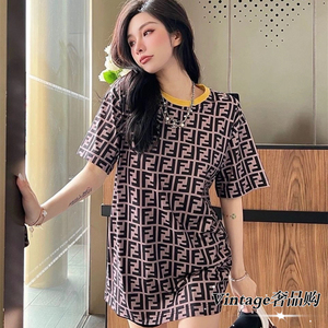 fendi芬迪 24ss新款老花满印双f字母logo拼接撞色圆领短袖男t恤女