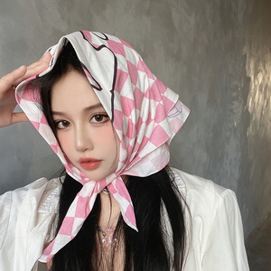 美式辣妹发带小方巾丝巾女粉色格子纯棉领巾头巾包头时尚夏季薄款