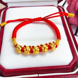 3d硬金金鼠手链宝宝黄金手镯婴儿bb小孩满月金饰红绳编织999足金