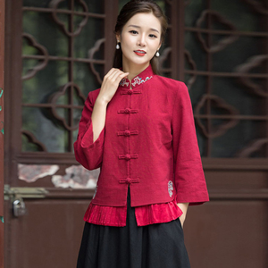 中国风女装秋冬汉服改良旗袍唐装对襟上衣女棉麻复古盘扣中式外套