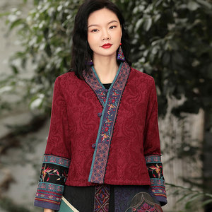 民族风女装秋冬新款改良交领棉麻汉服重工刺绣复古盘扣唐装上衣女