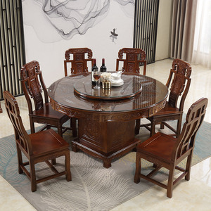 实木餐桌圆形转盘歺桌家用钢化玻璃新中式1.8米1.5米橡木餐桌圆桌