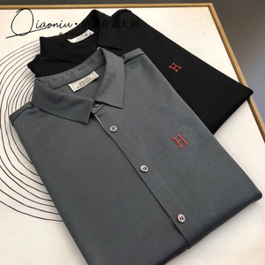 hermes/爱马仕秋冬新款男士修身版型胸前刺绣橙色h人头马标志衬衫