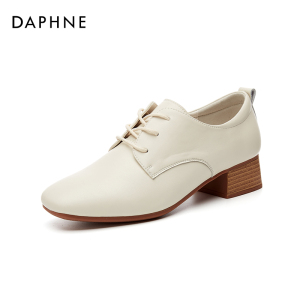 达芙妮白色英伦风小皮鞋女2022新款春季真皮复古方头系带粗跟单鞋