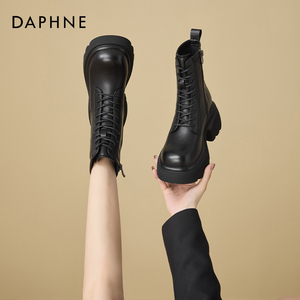 达芙妮厚底马丁靴女2024年冬季新款加绒系带黑色中筒靴小个子短靴