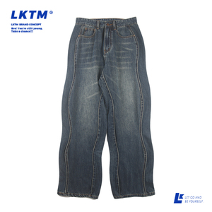 LKTM美式不规则剪裁波浪条纹牛仔裤男女直筒宽松百搭潮牌阔退长裤
