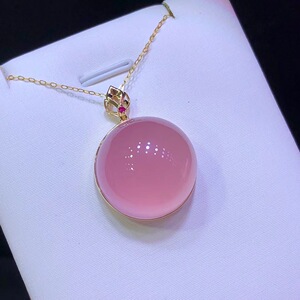 天然莫桑比克星光粉晶蛋面吊坠女芙蓉石圆形项链精雕18k金镶全包