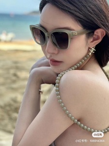 现货 香奈儿Chanel 新款绿色珠珠链条墨镜女太阳眼镜防紫外线墨镜