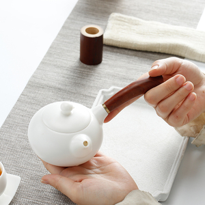 汉垚白瓷木柄手工侧把壶左撇子专用壶过滤功夫茶具单壶盖碗泡茶壶