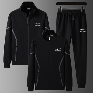 鸿星尔克冬季运动套装男中老年爸爸装立领开衫加绒加厚三件套服装