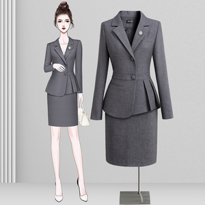职业套装女春秋气质女神范灰色西装套裙职场白领上班ol工装工作服