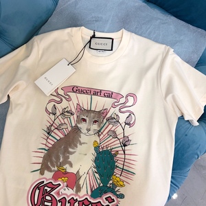 gucci/古驰 新款猫咪图案印花字母logo圆领短袖t恤宽松上衣女士