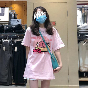 甜美少女粉色纯棉正肩短袖t恤女夏季日系设计感小众宽松半袖上衣