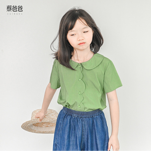 蔡爸爸童装花边绿黄色上衣薄款夏装女儿童短袖娃娃领衬衫1309+125
