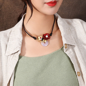 民族风项链女短款毛衣链玉石平安扣吊坠珍珠装饰锁骨链脖子颈链