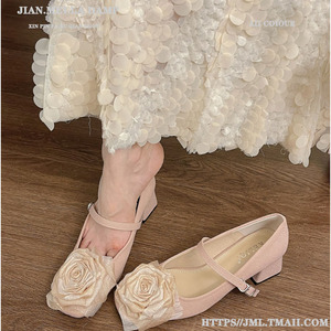玫瑰花朵单鞋女春新款韩版法式晚风气质仙女新中式中高跟玛丽珍鞋