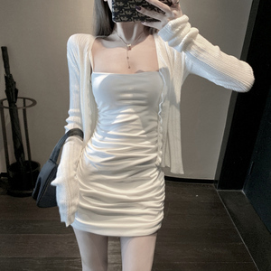 甜辣夜店修身套装纯欲裙子白色抹胸性感高级感吊带连衣裙两件套女